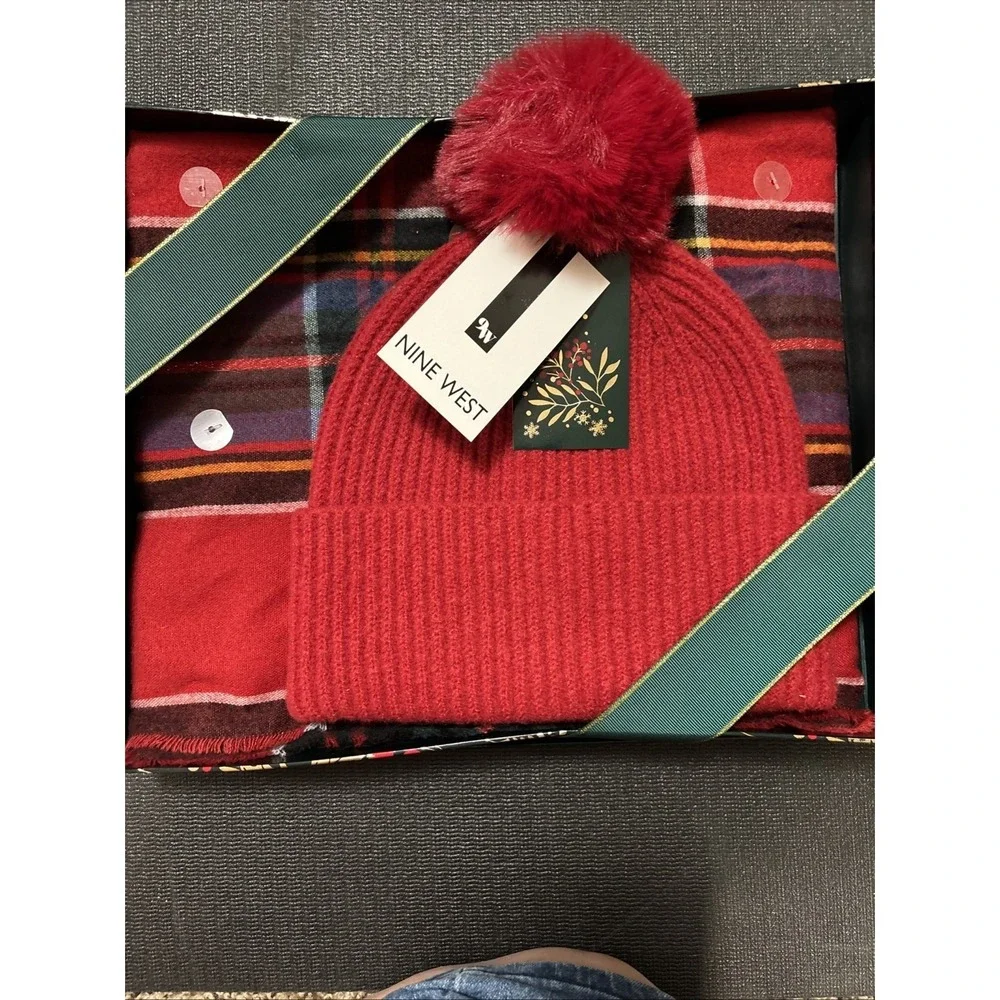 Nine West Scarf And Faux Fur Pom Beanie Set, Brand New In Box, Red Plaid Winter